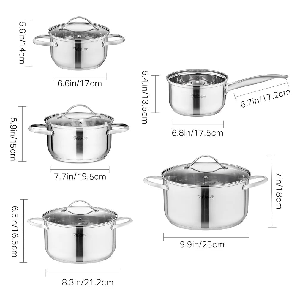 Velaze Cookware Set Kitchen Stainless Steel 9-Piece Cooking Pot Set,Induction Safe,Non Stick