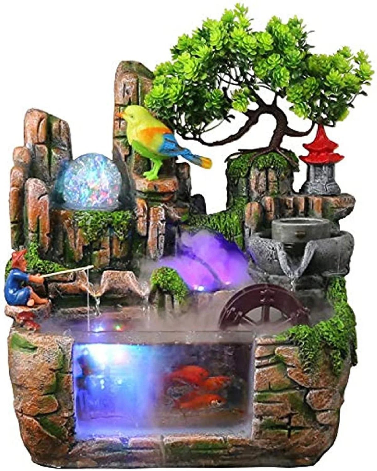 Desktop Fountain Waterfall Rockery Indoor Relaxation Tabletop Resin Ornament Light Bird & Fisherman