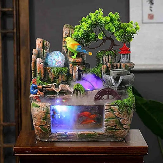 Desktop Fountain Waterfall Rockery Indoor Relaxation Tabletop Resin Ornament Light Bird & Fisherman