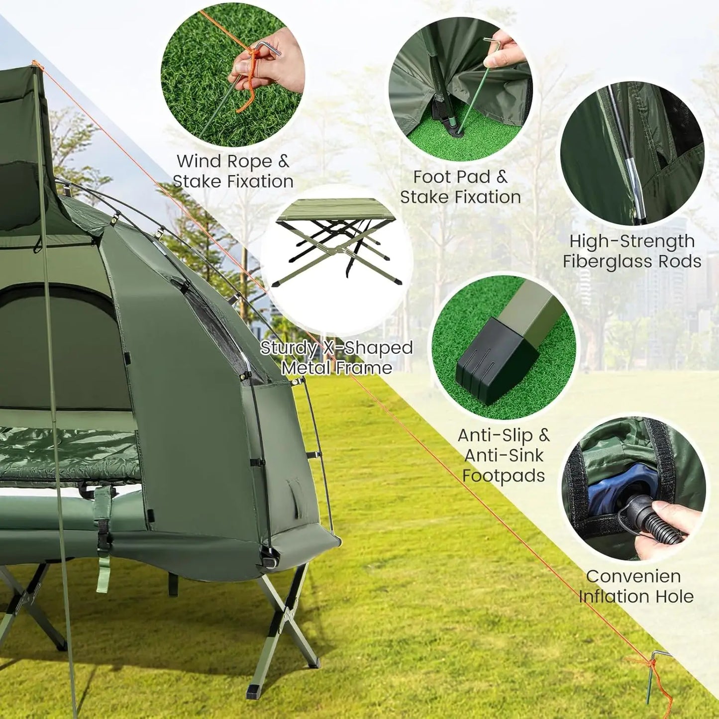 Camping Tent Cot, 5-in-1 Folding Camping Bed with Air Mattress, Pillow, Sleeping Bag, Waterproof