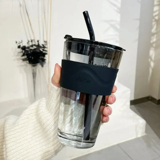 450ml Lead Free Glass Mug with Cup Sleeve and Lid Straw Coffee Mugs Juice Glass Cute Coffee Mugs