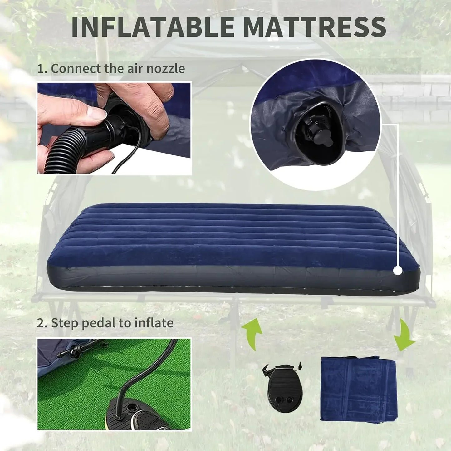 2 Person Camping Cot with Tent, Bedspread and Thick Air Mattress, 4-in-1 Elevated Camping Bed Tent