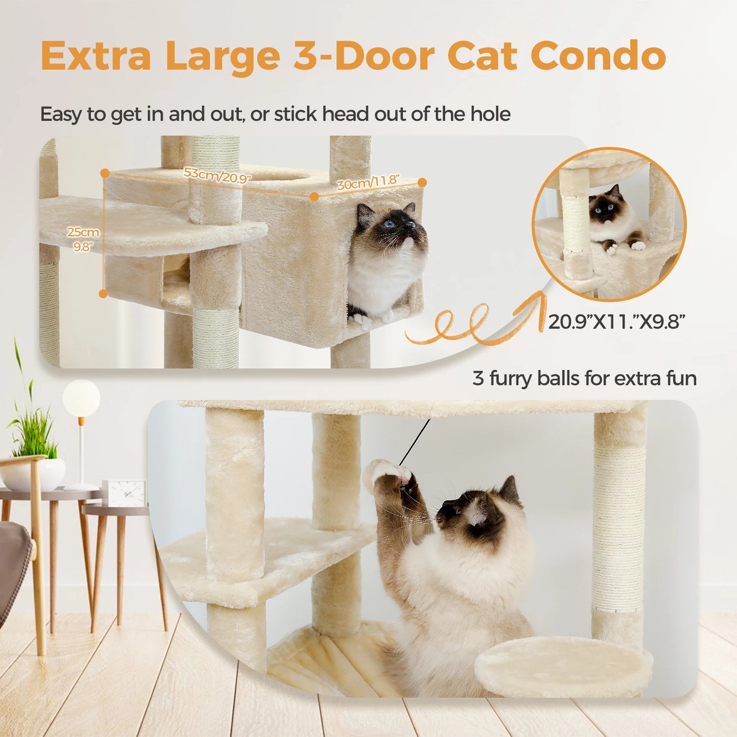 Large Cat Tree Tower for Indoor Cats With Sisal-Covered Scratching Posts Spacious Hammock Padded Perches and Condos Beige