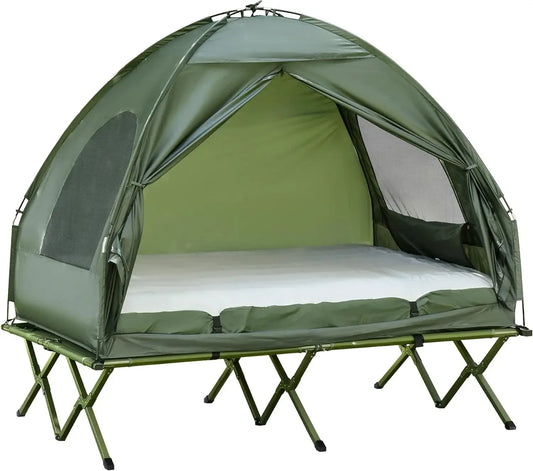 2 Person Camping Cot with Tent, Bedspread and Thick Air Mattress, 4-in-1 Elevated Camping Bed Tent