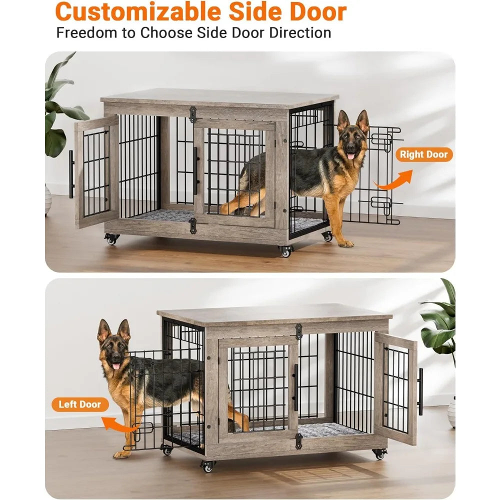 Dog Crate Furniture with Cushion,Heavy Duty Dog Cage End Table with Wheels, Dog House Indoor