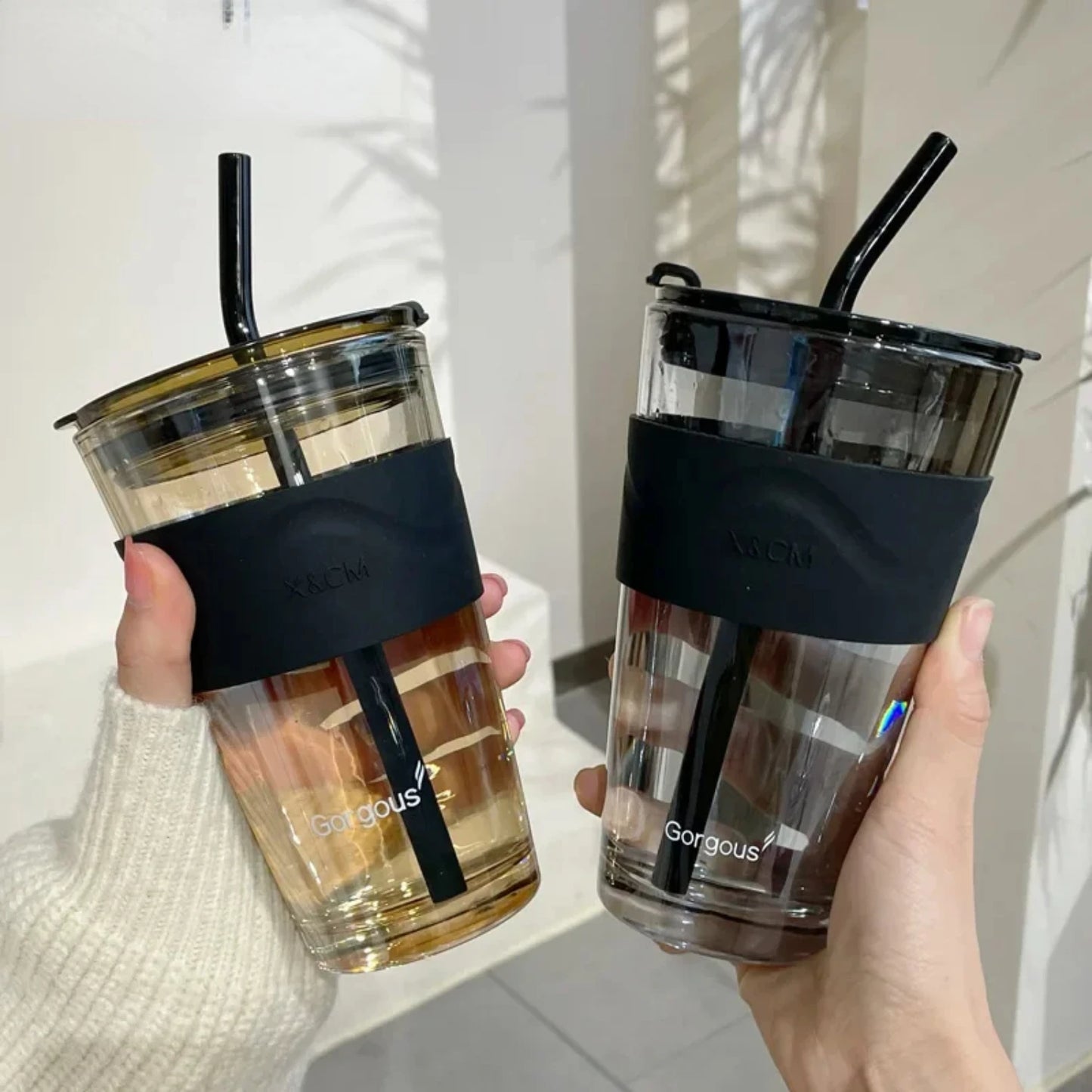 450ml Lead Free Glass Mug with Cup Sleeve and Lid Straw Coffee Mugs Juice Glass Cute Coffee Mugs