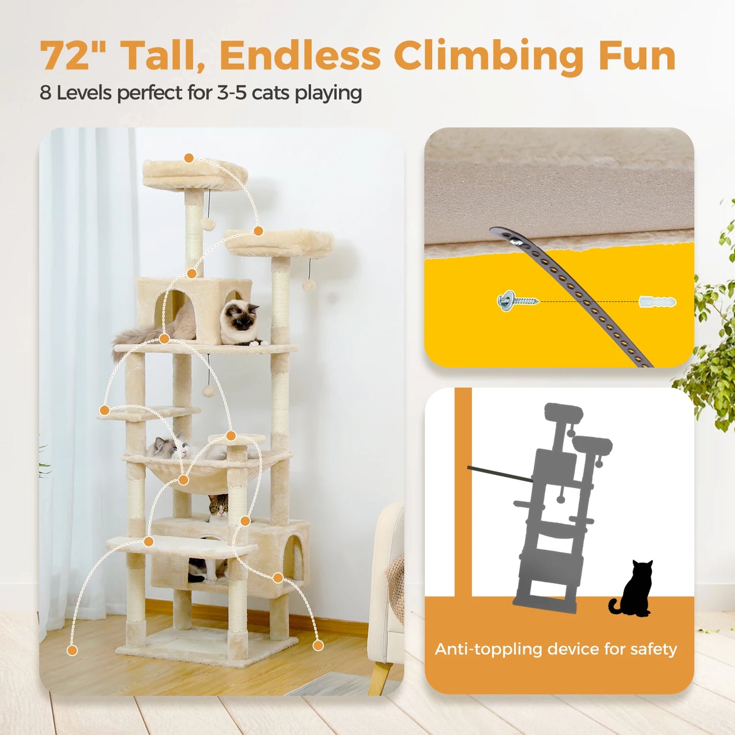 Large Cat Tree Tower for Indoor Cats With Sisal-Covered Scratching Posts Spacious Hammock Padded Perches and Condos Beige