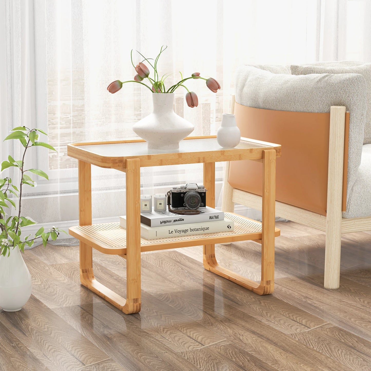 2 PCS Bamboo Side Table Rattan Shelf Glass Top Nightstand Small Sofa End Table