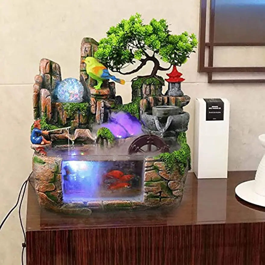 Desktop Fountain Waterfall Rockery Indoor Relaxation Tabletop Resin Ornament Light Bird & Fisherman