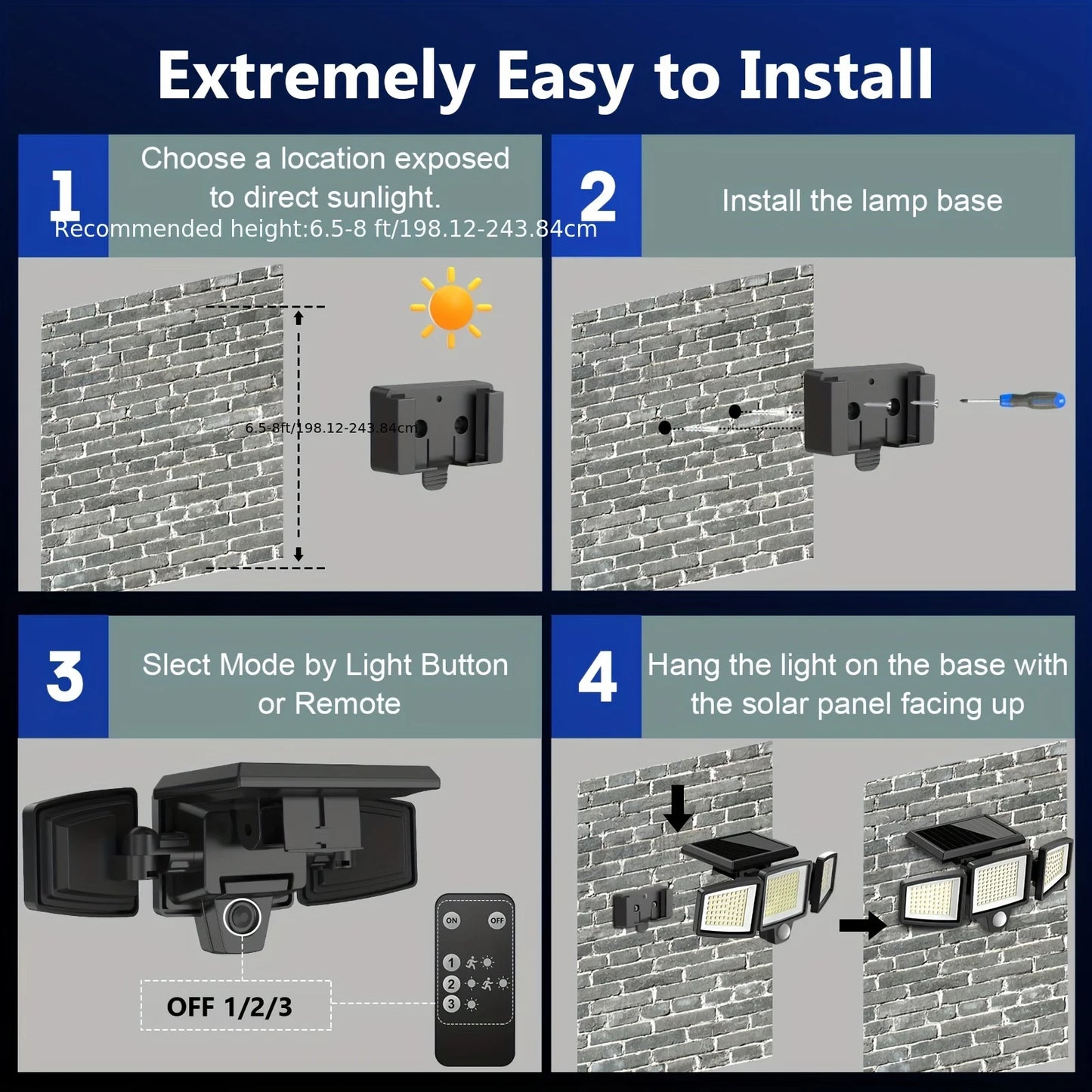 Solar Outdoor Light 2500LM 210 LED Safety Light with Remote Control, 3-Head Motion Sensor Light