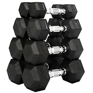 Fitness Rubber Coated Hex Dumbbell Weight Set and Storage Rack