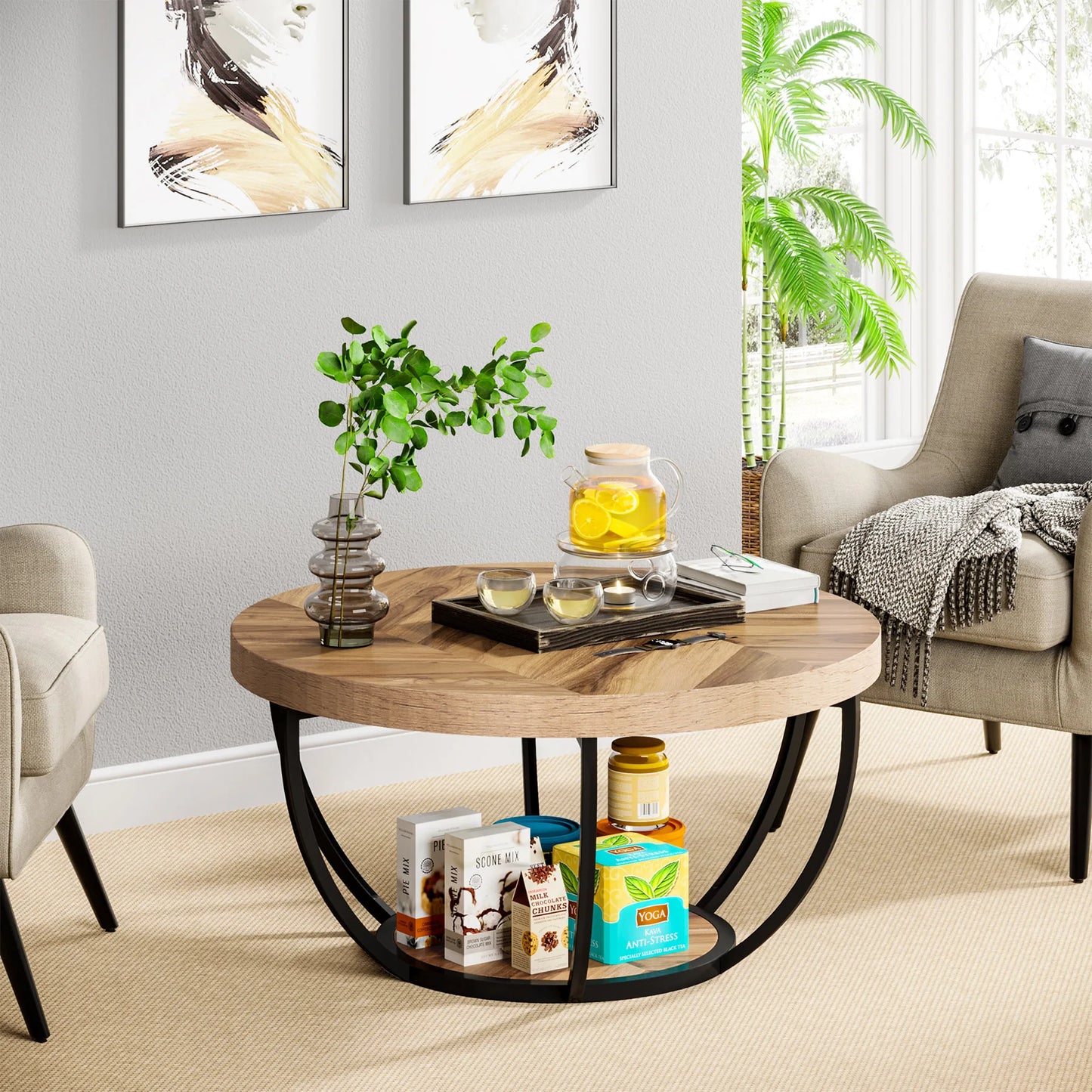 Tribesigns 31.7" Round Coffee Table, Industrial 2-Tier Circle Coffee Table with Storage Shelves