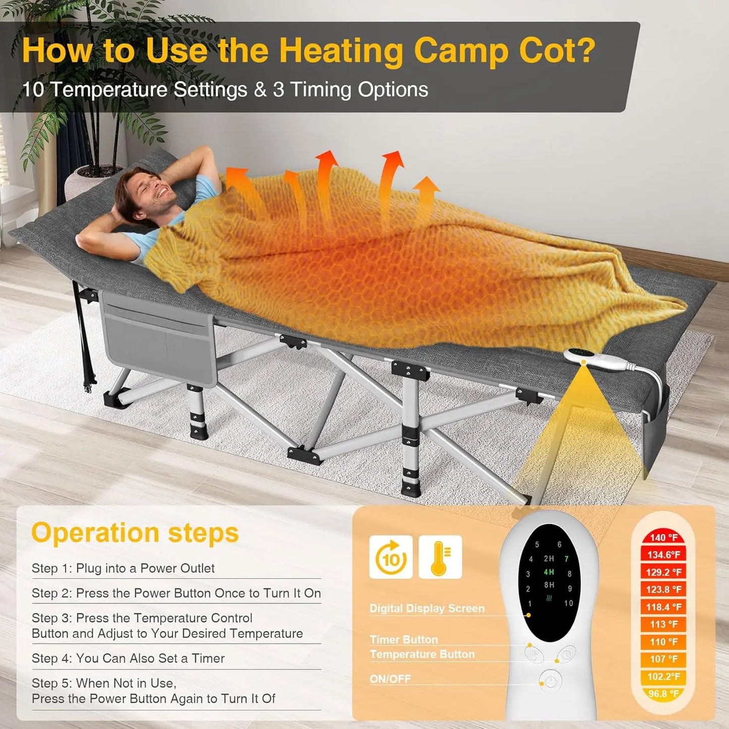 Heated Camping Cot, Folding Camping Cot Bed Adults Sleeping Portable Folding Outdoor Cots Camping