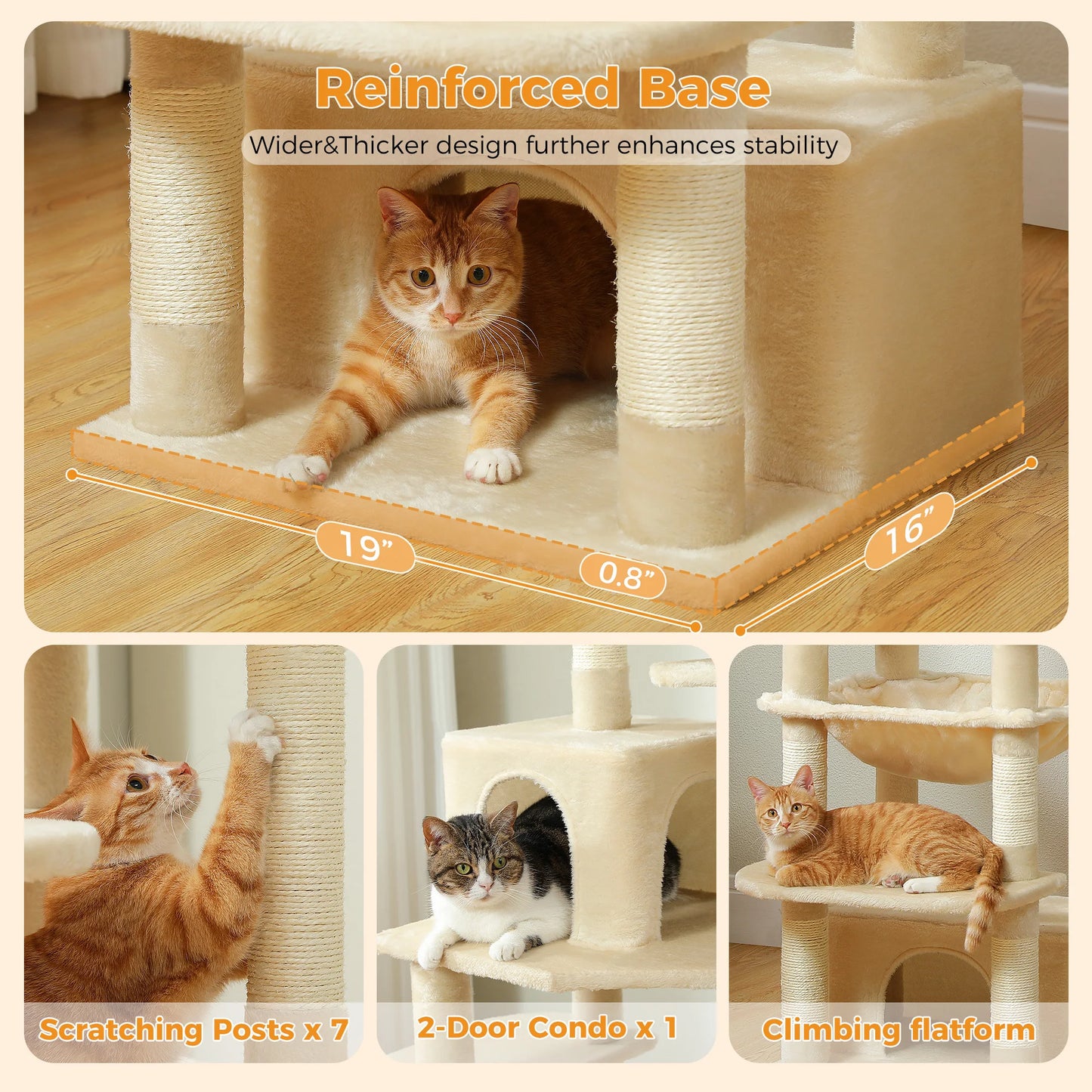 Large Cat Tree Tower for Indoor Cats With Sisal-Covered Scratching Posts Spacious Hammock Padded Perches and Condos Beige