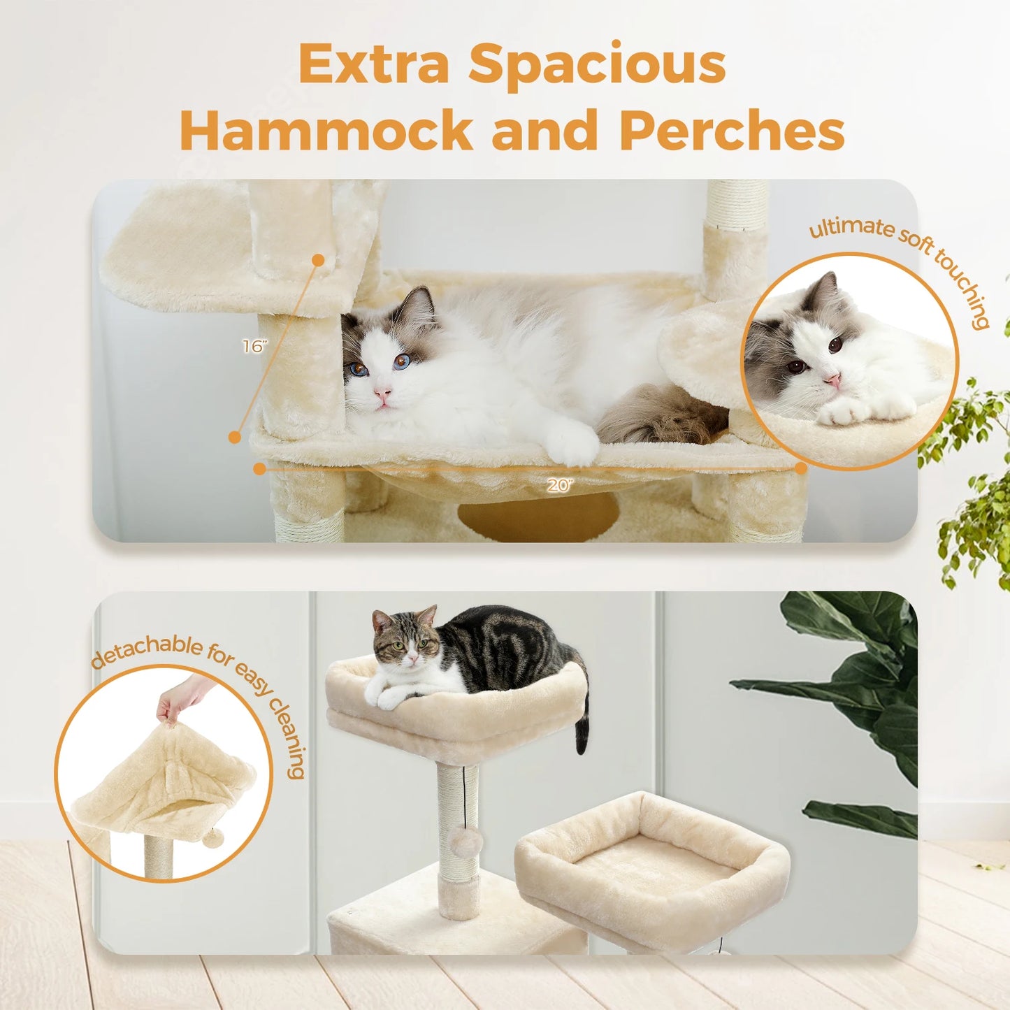 Large Cat Tree Tower for Indoor Cats With Sisal-Covered Scratching Posts Spacious Hammock Padded Perches and Condos Beige