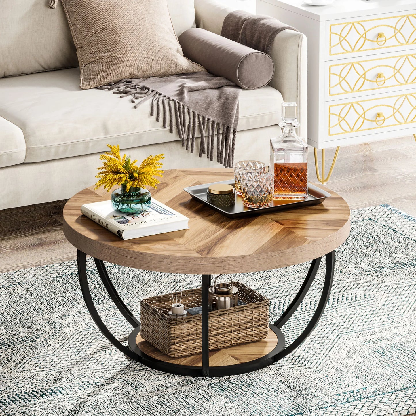 Tribesigns 31.7" Round Coffee Table, Industrial 2-Tier Circle Coffee Table with Storage Shelves