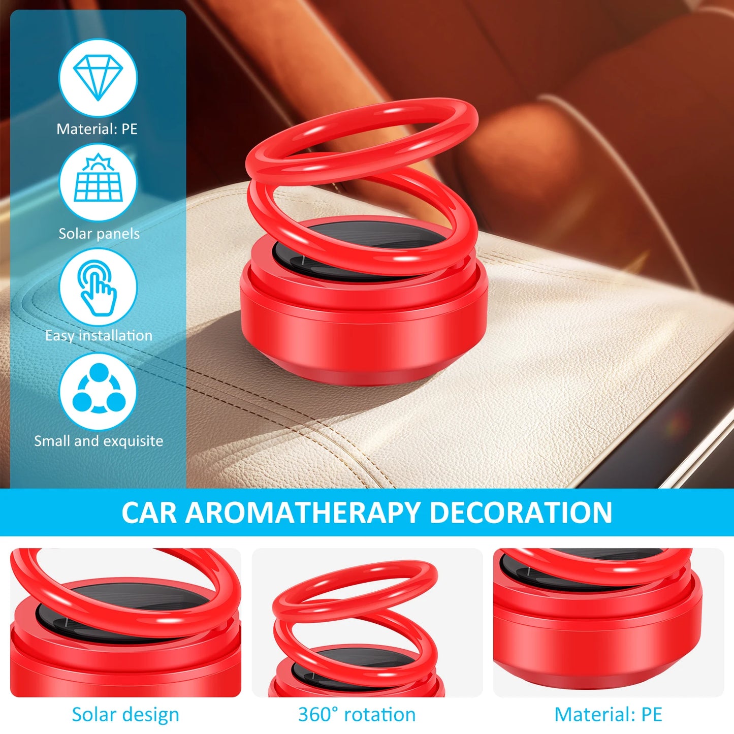 Hot 2Pcs Car Aroma Diffuser Solar Powered Car Aromatherapy Double Ring Auto Rotating Car Aromatherapy Diffuser Compact Portable