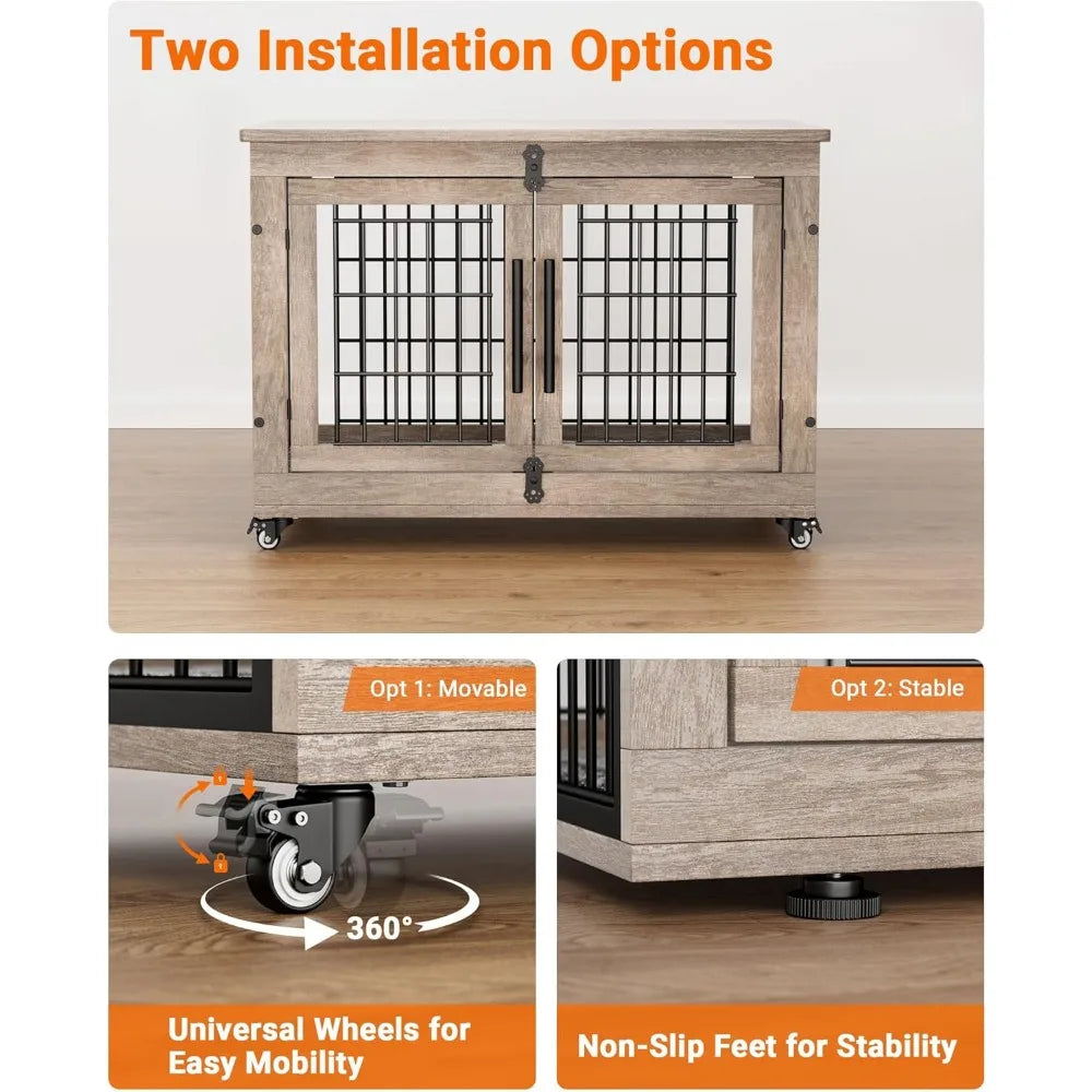 Dog Crate Furniture with Cushion,Heavy Duty Dog Cage End Table with Wheels, Dog House Indoor