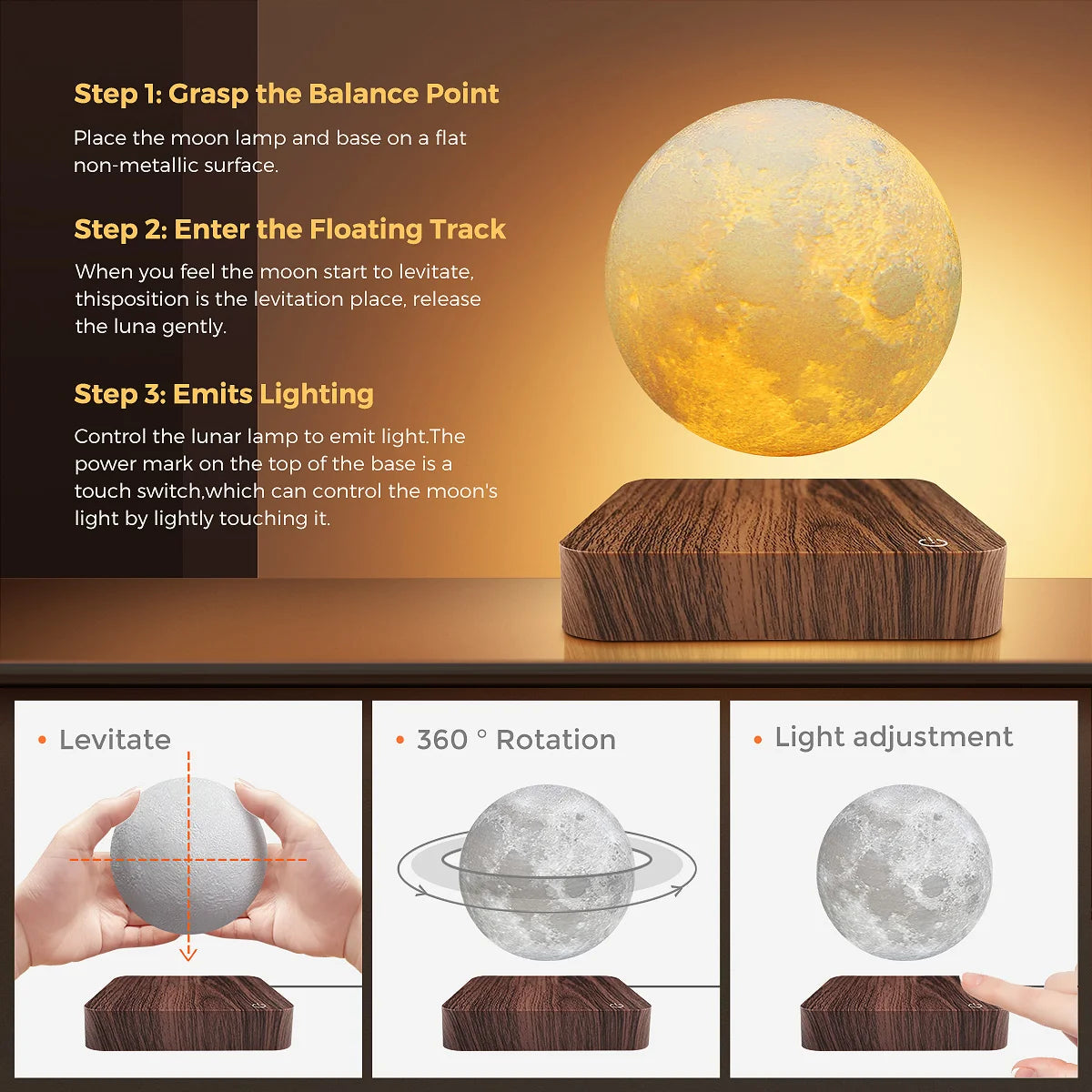 Levitating Moon Table Lamp, Magnetic Floating Night Light With 3 Lighting Modes