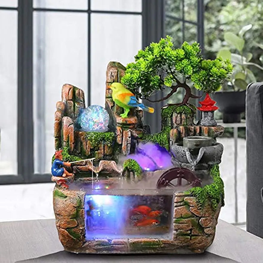 Desktop Fountain Waterfall Rockery Indoor Relaxation Tabletop Resin Ornament Light Bird & Fisherman