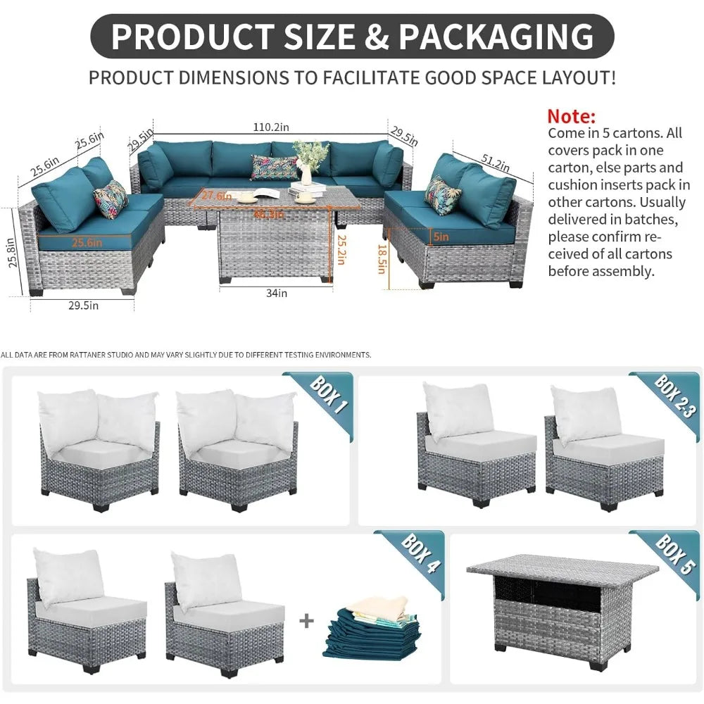 Patio Furniture Sectional Sofa Set9Pieces Outdoor Wicker Furniture Couch Large-size Storage Table