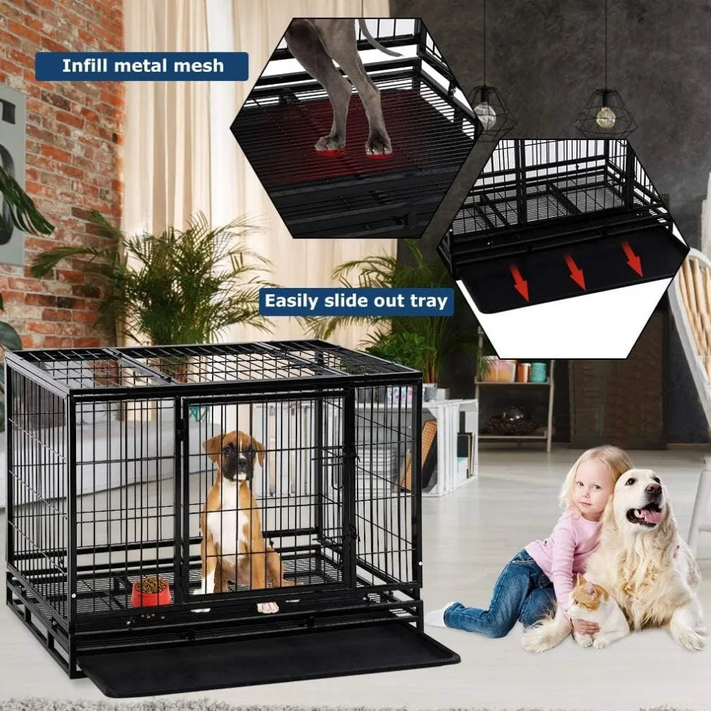 Dog Crate Cage for Large Dogs 48 Inches Dog Kennel Plastic Tray Double Doors & Locks Design