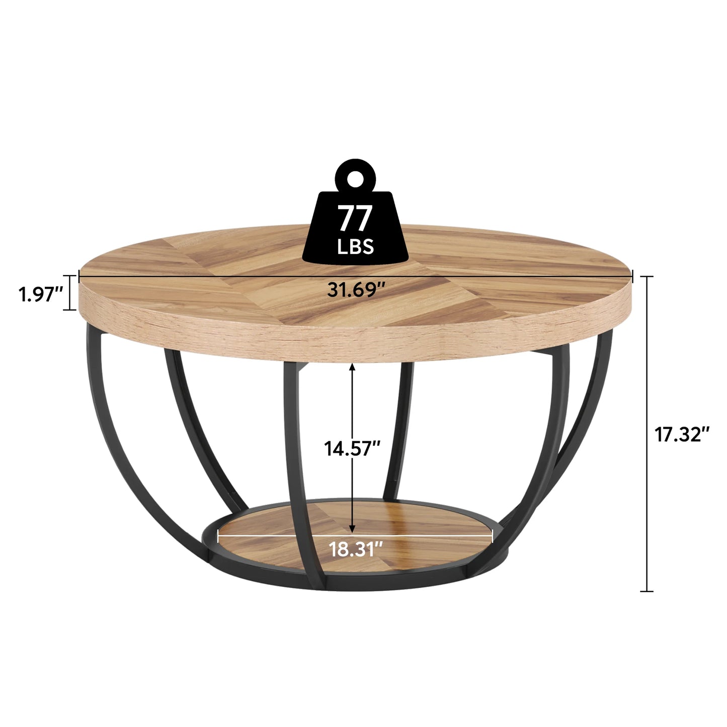 Tribesigns 31.7" Round Coffee Table, Industrial 2-Tier Circle Coffee Table with Storage Shelves