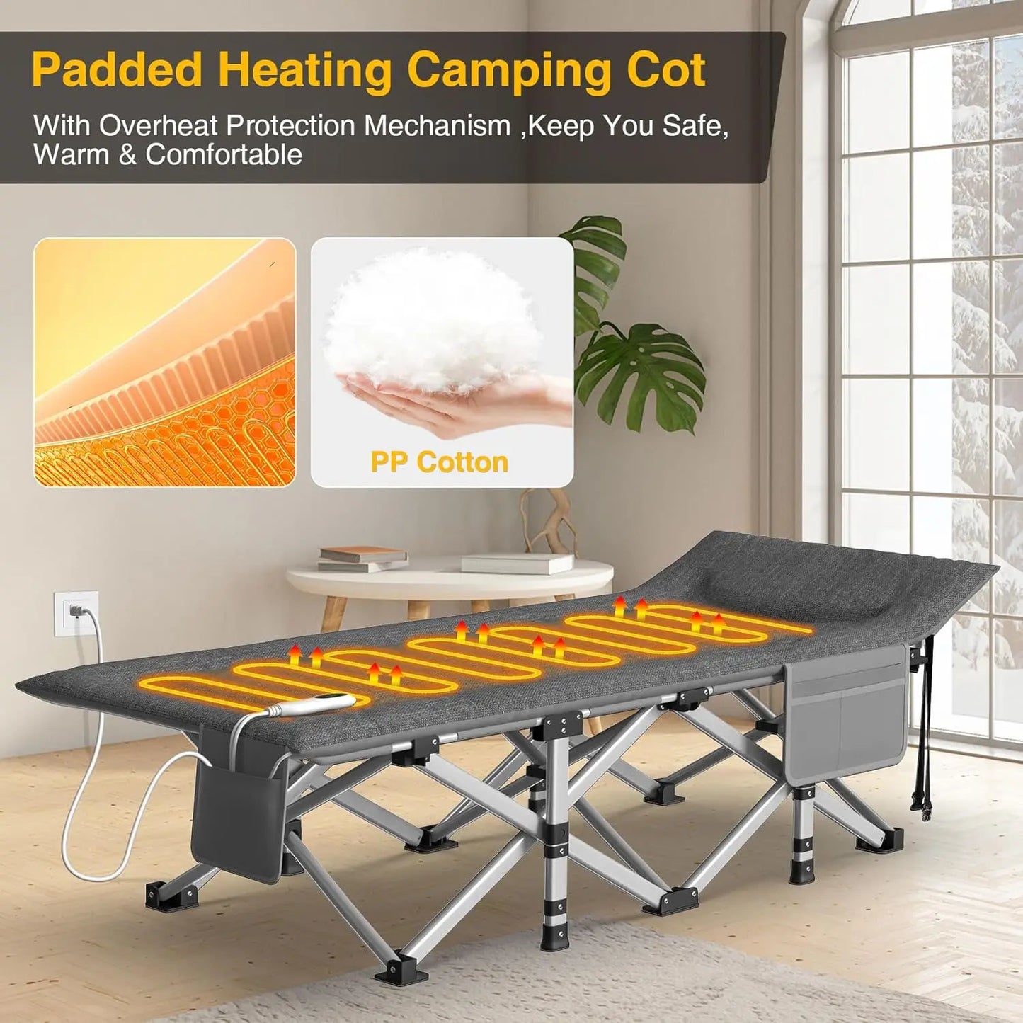 Heated Camping Cot, Folding Camping Cot Bed Adults Sleeping Portable Folding Outdoor Cots Camping