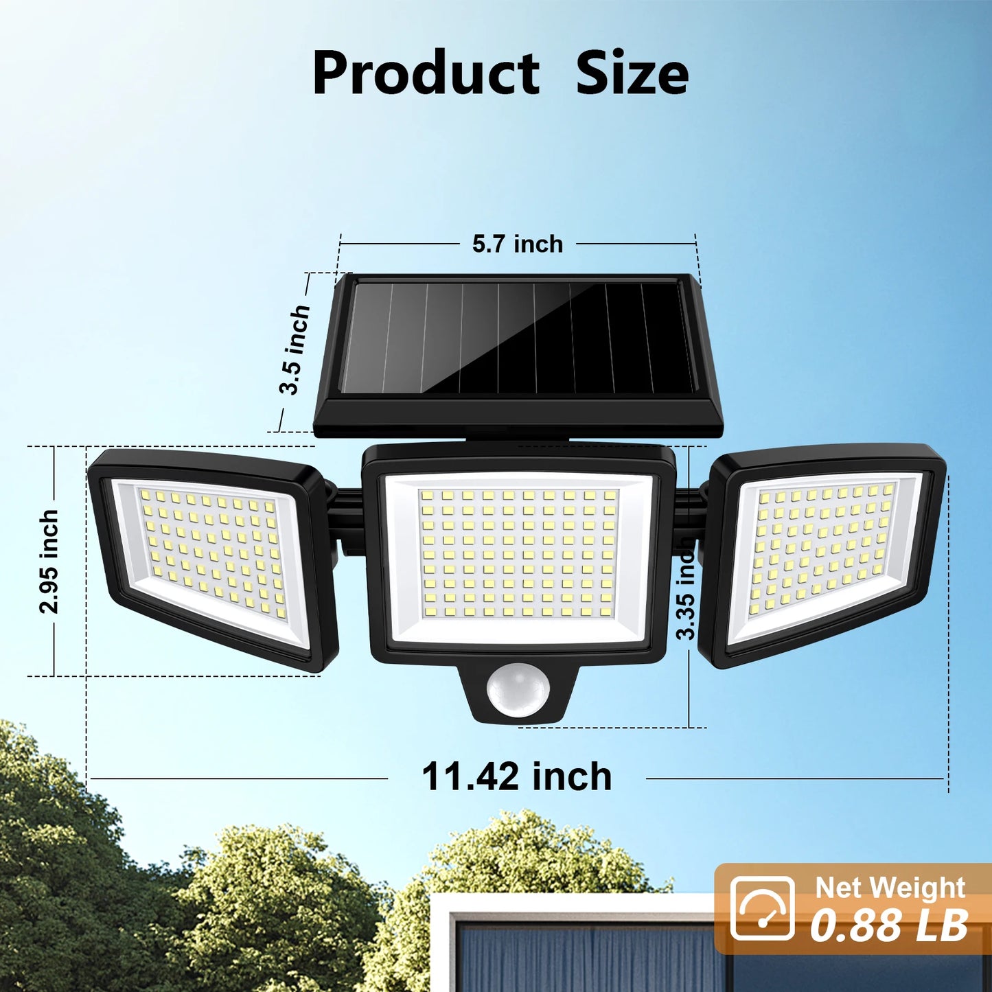 Solar Outdoor Light 2500LM 210 LED Safety Light with Remote Control, 3-Head Motion Sensor Light