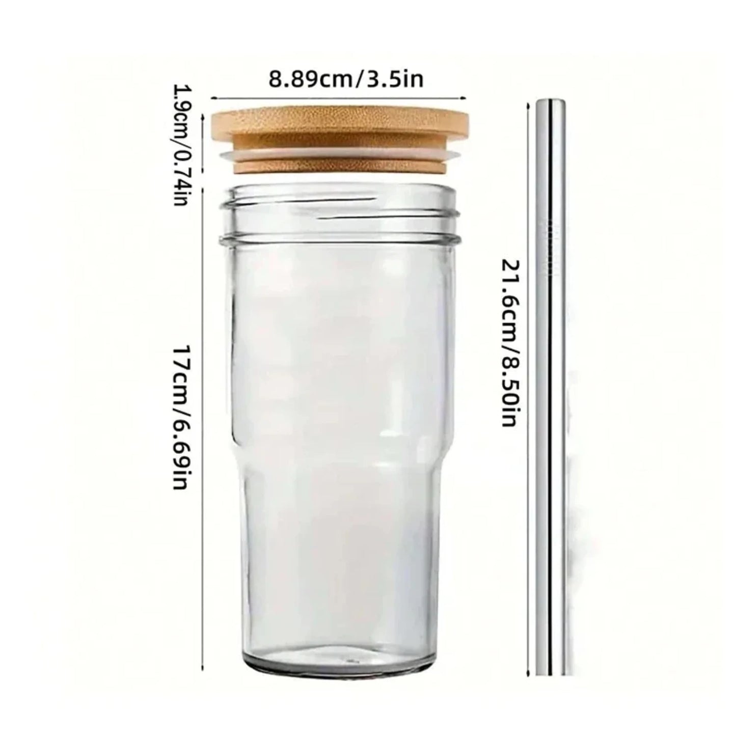 2pcs Glass Cup Wooden Lid Bubble Tea Cold Drinking Coffee Wine Juice Milk Transparent Straw