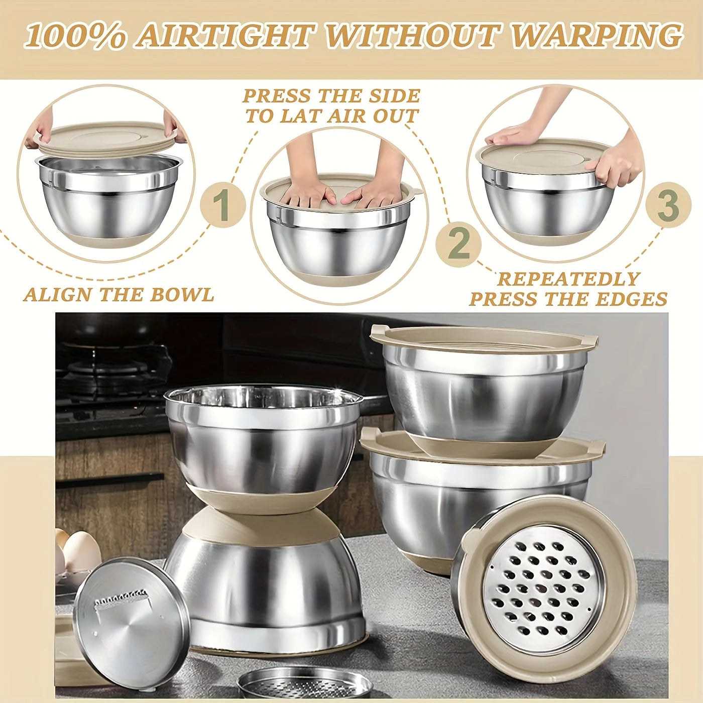 Mixing Bowls with Airtight Lids Set SteelBowls with Grater Attachments,Non-Slip Bottoms