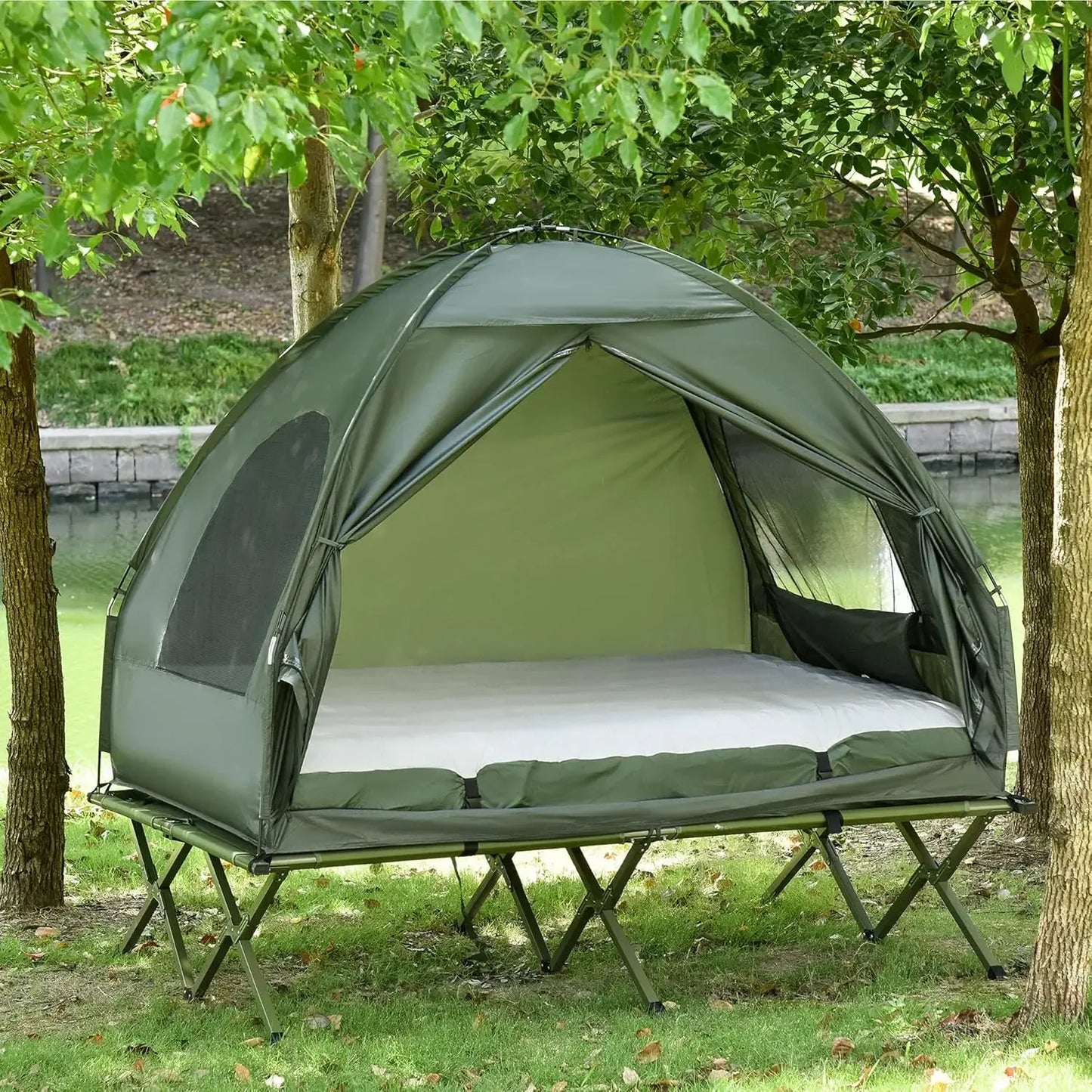 2 Person Camping Cot with Tent, Bedspread and Thick Air Mattress, 4-in-1 Elevated Camping Bed Tent