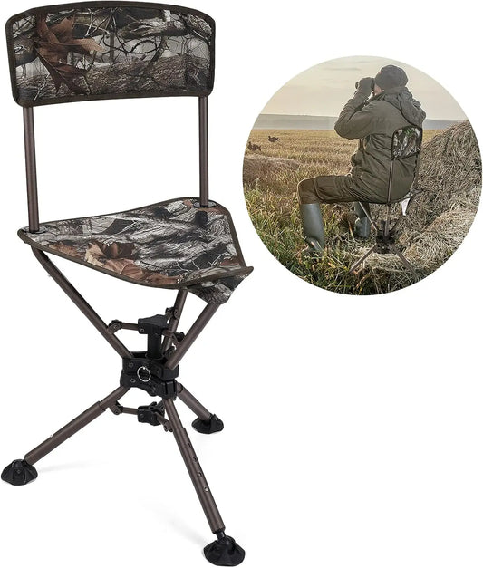 360 Degree Tripod Swivel Hunting Chair, Folding Camo Blind Chair with Backrest, Height Adjustable