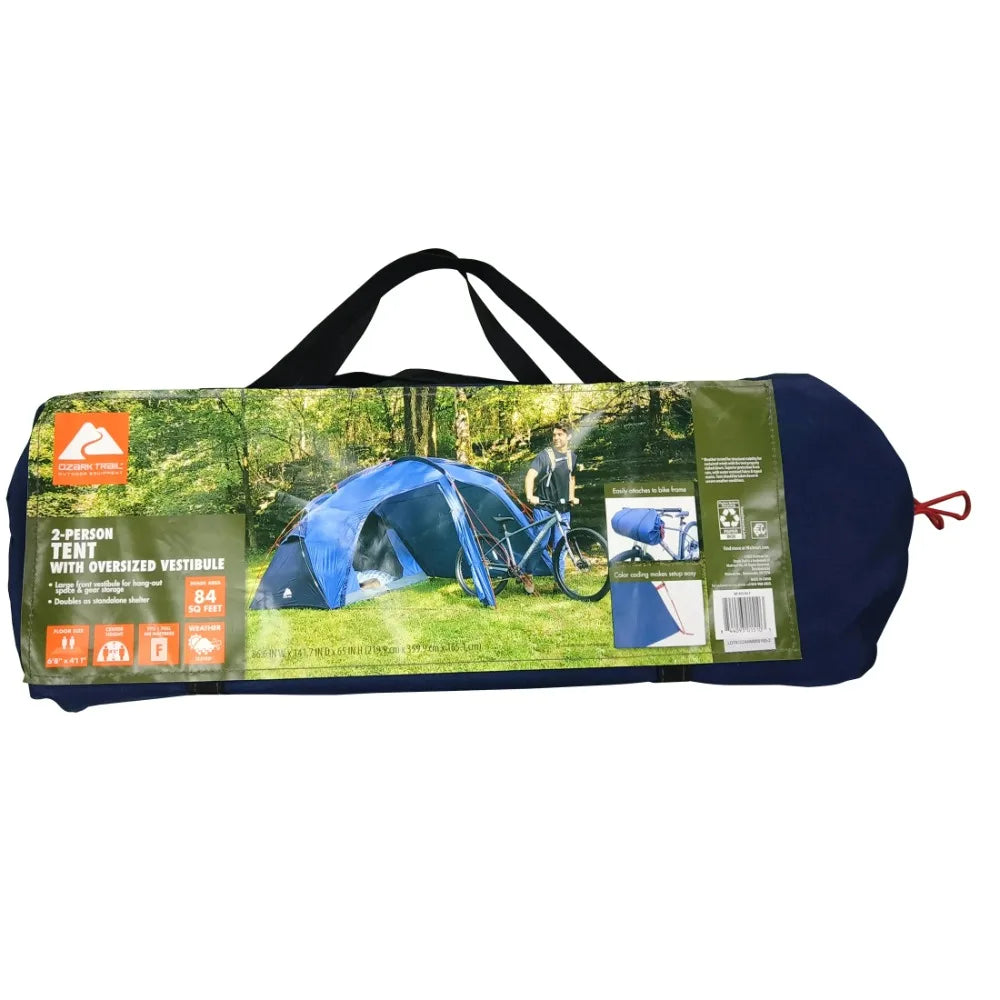 Ozark Trail 2-Person Tent With Oversized Vestibule Nature Hike Blue Camping Tent Travel