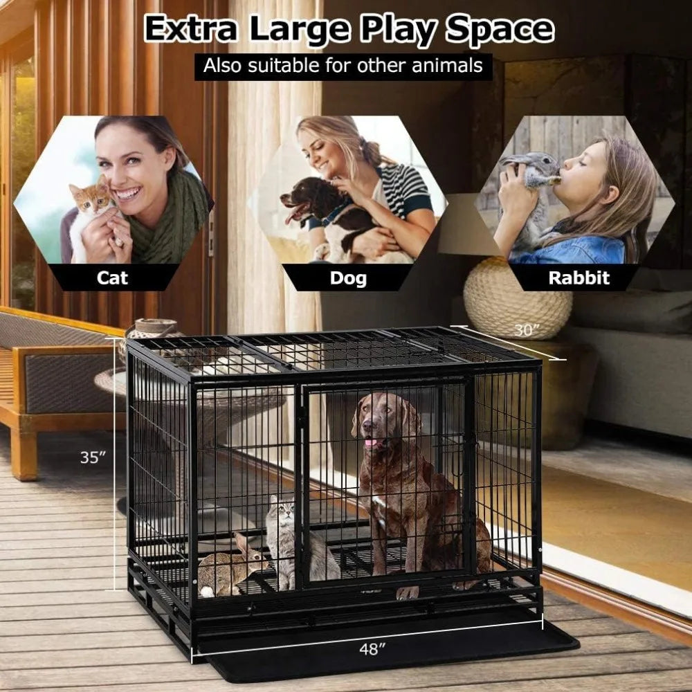 Dog Crate Cage for Large Dogs 48 Inches Dog Kennel Plastic Tray Double Doors & Locks Design