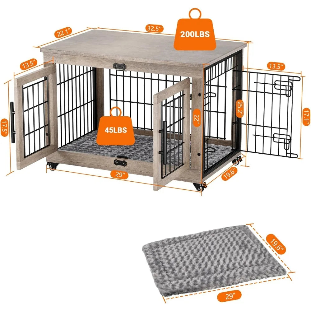 Dog Crate Furniture with Cushion,Heavy Duty Dog Cage End Table with Wheels, Dog House Indoor