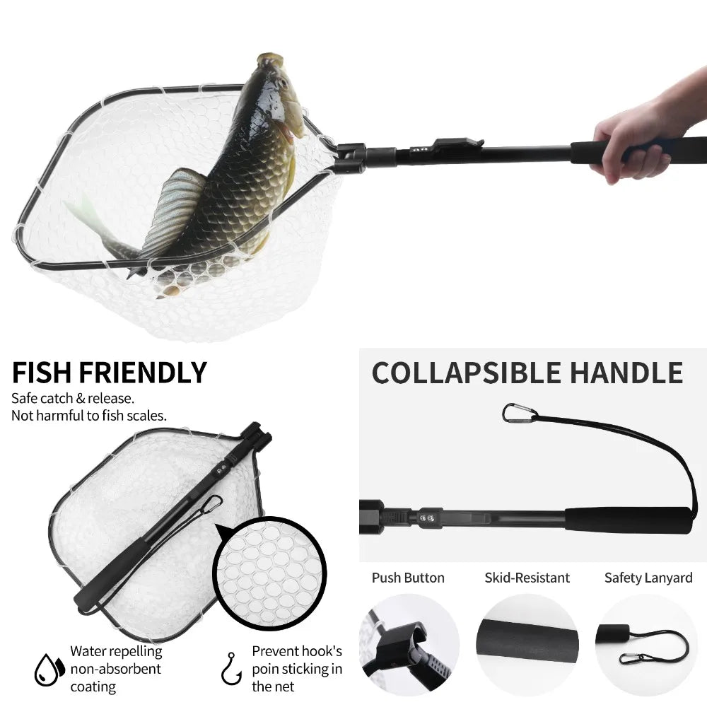 Fly Fishing Landing Net Soft Rubber Mesh Catch Release Fish Net Lightweight Portable Landing Net