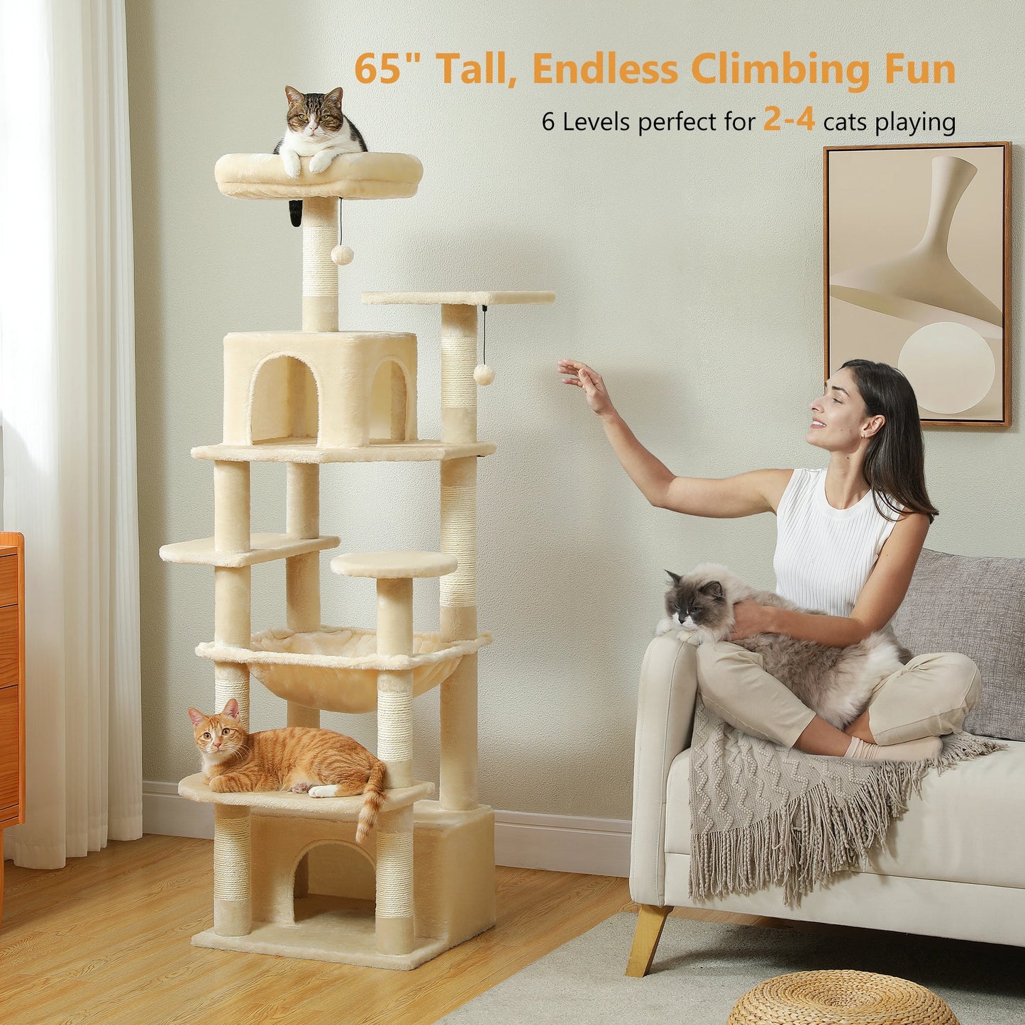 Large Cat Tree Tower for Indoor Cats With Sisal-Covered Scratching Posts Spacious Hammock Padded Perches and Condos Beige