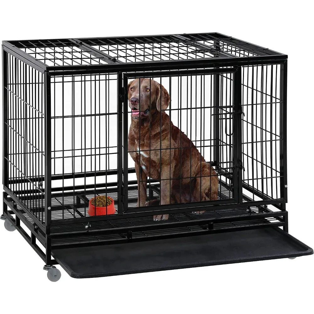 Dog Crate Cage for Large Dogs 48 Inches Dog Kennel Plastic Tray Double Doors & Locks Design