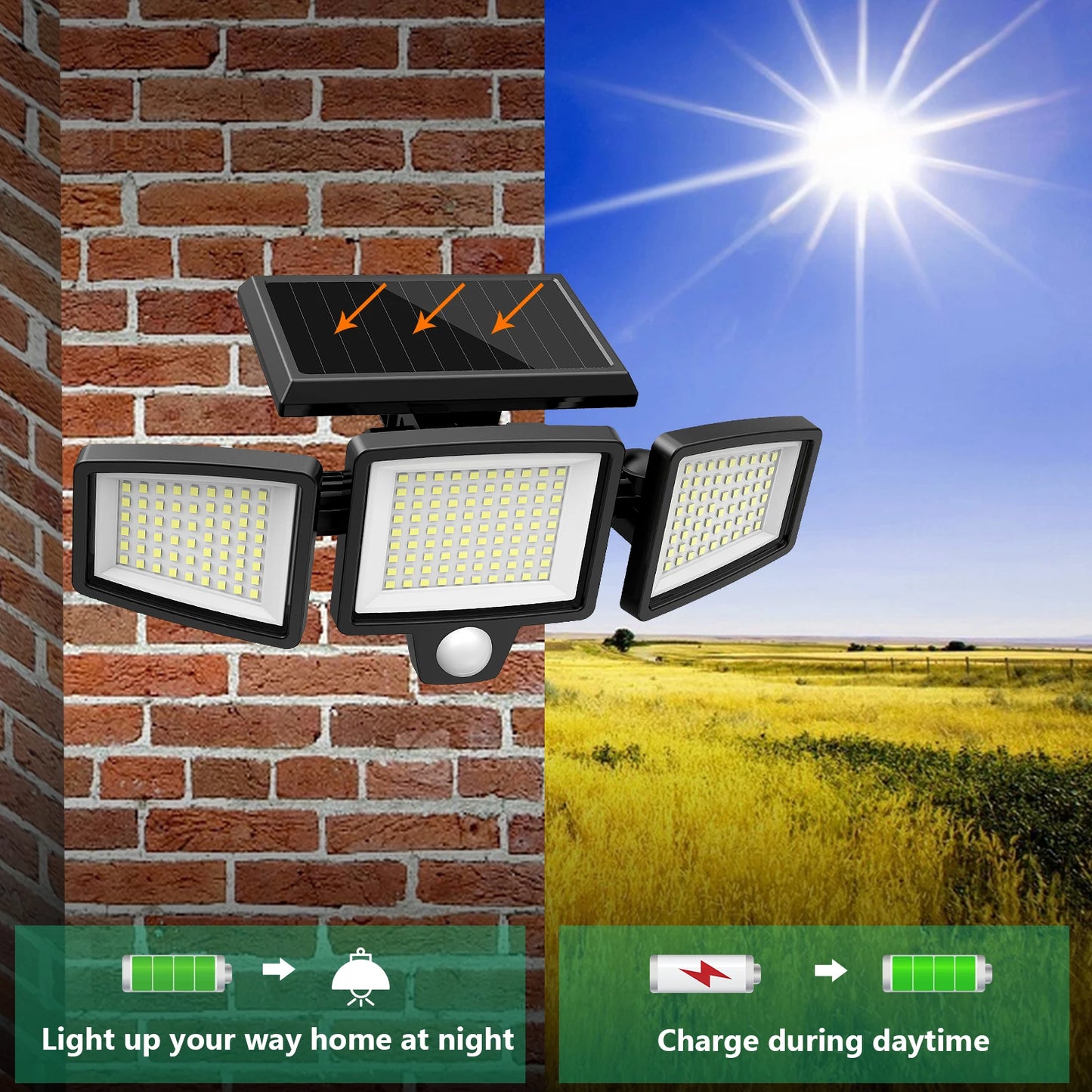 Solar Outdoor Light 2500LM 210 LED Safety Light with Remote Control, 3-Head Motion Sensor Light