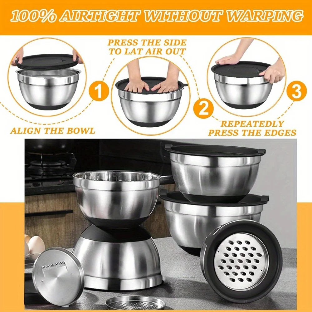 17pcs, Stainless Steel Mixing Bowl Set Mixing Bowls With Lids Grater Attachment