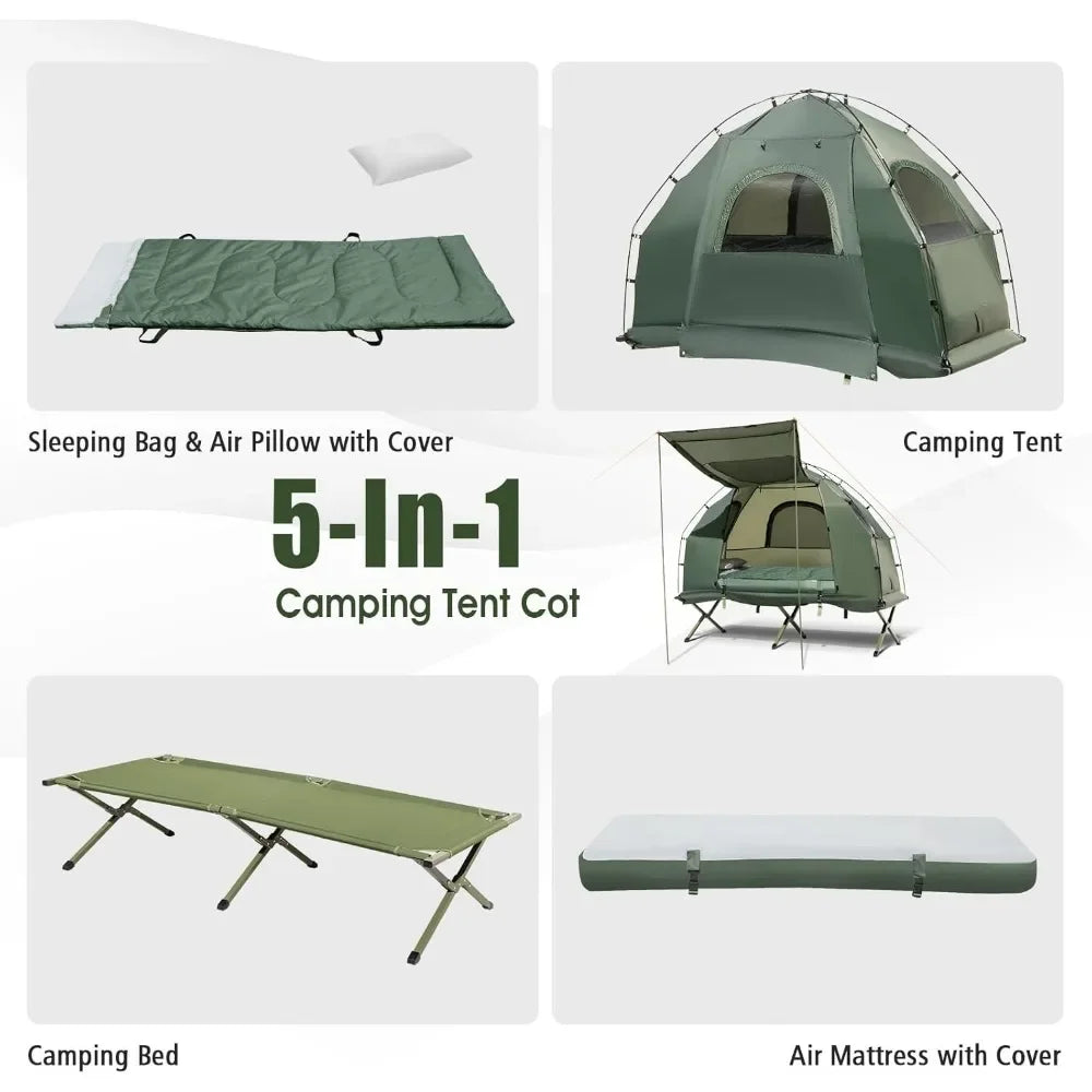 5-in-1 Tent Cot, with Awning, Air Mattress, Air Pillow, Sleeping Bag, Camping Cot, Elevated Single