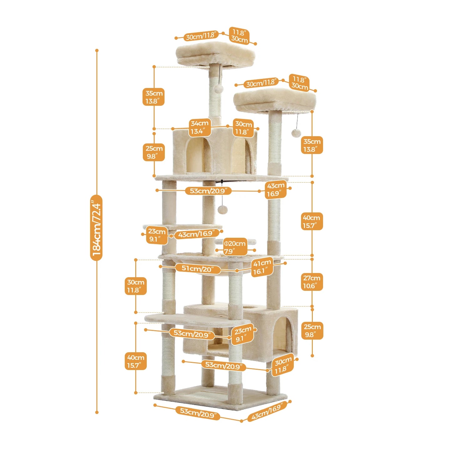 Large Cat Tree Tower for Indoor Cats With Sisal-Covered Scratching Posts Spacious Hammock Padded Perches and Condos Beige