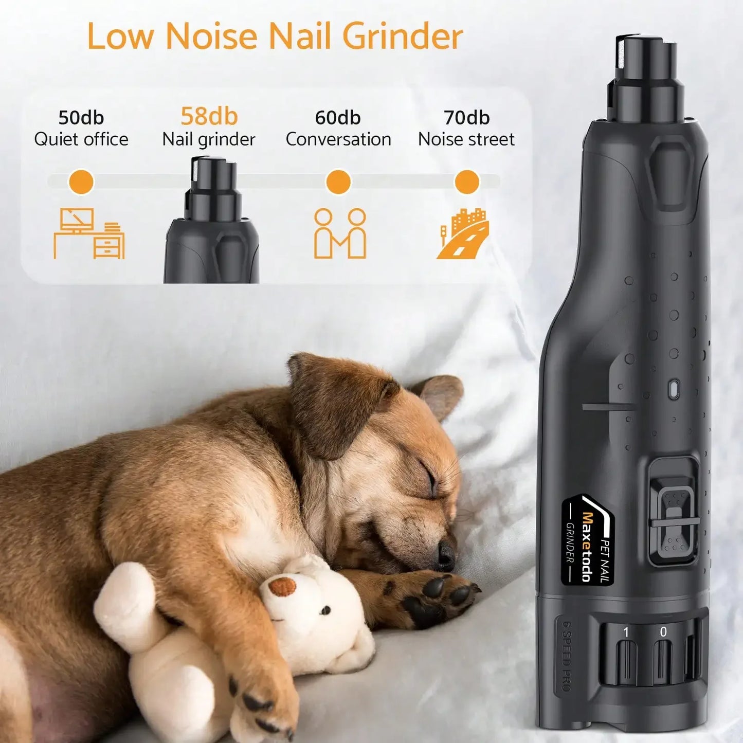 Pet Dog Nail Grinders Quiet 6 Speed USB Rechargeable Electric Dog Nail Trimmer with 2 LED Lights