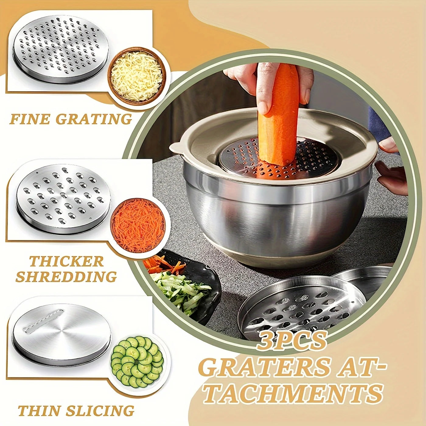 Mixing Bowls with Airtight Lids Set SteelBowls with Grater Attachments,Non-Slip Bottoms