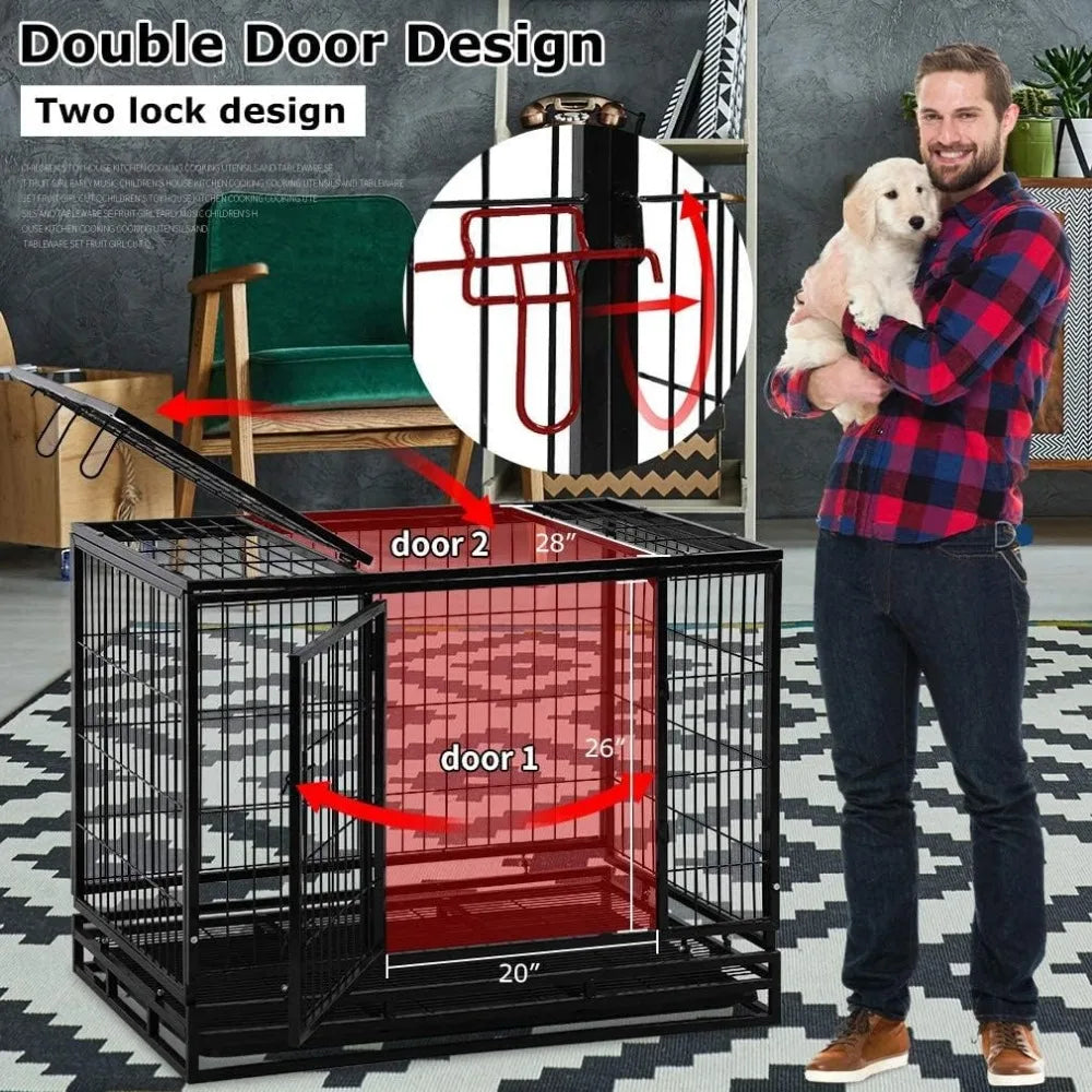 Dog Crate Cage for Large Dogs 48 Inches Dog Kennel Plastic Tray Double Doors & Locks Design