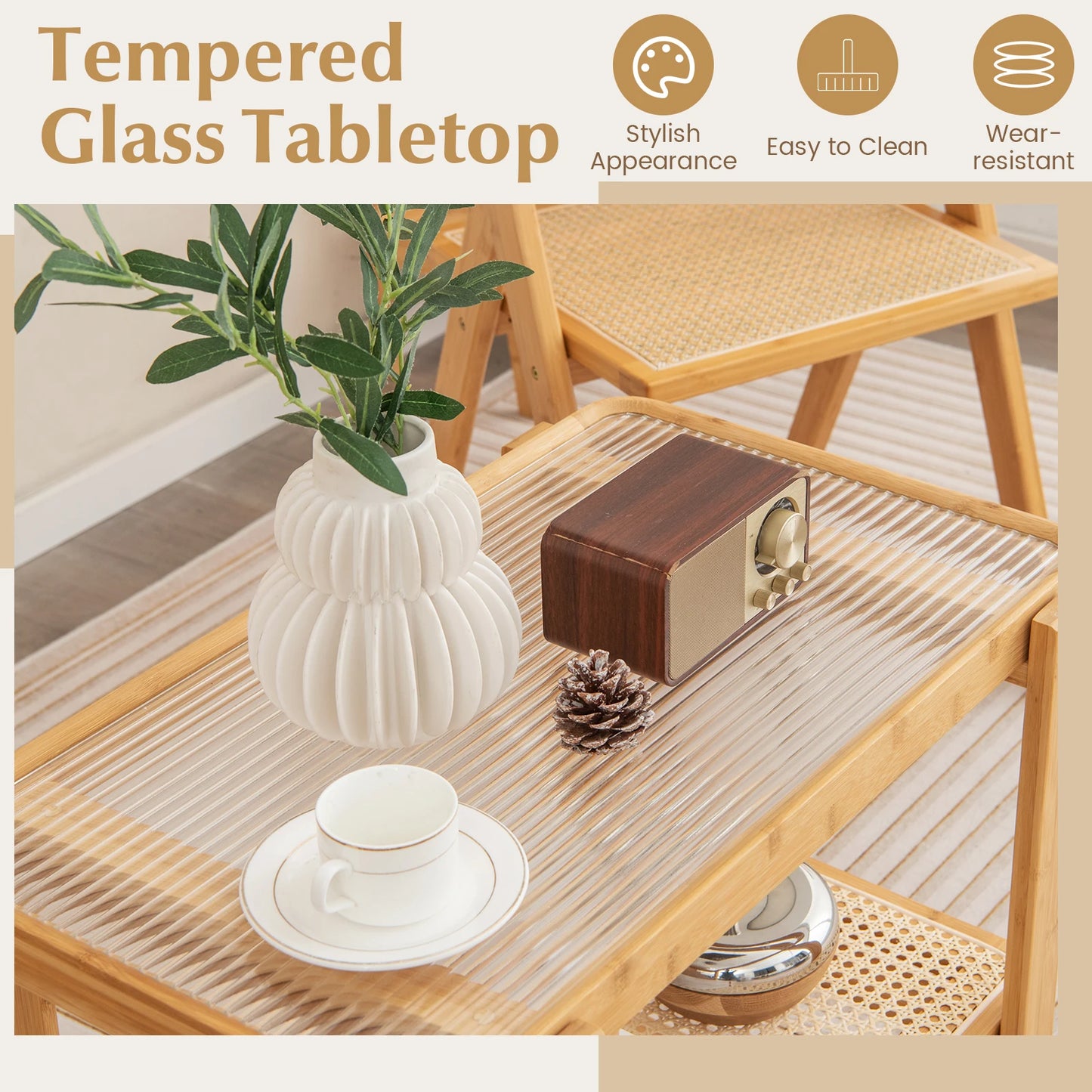 2 PCS Bamboo Side Table Rattan Shelf Glass Top Nightstand Small Sofa End Table