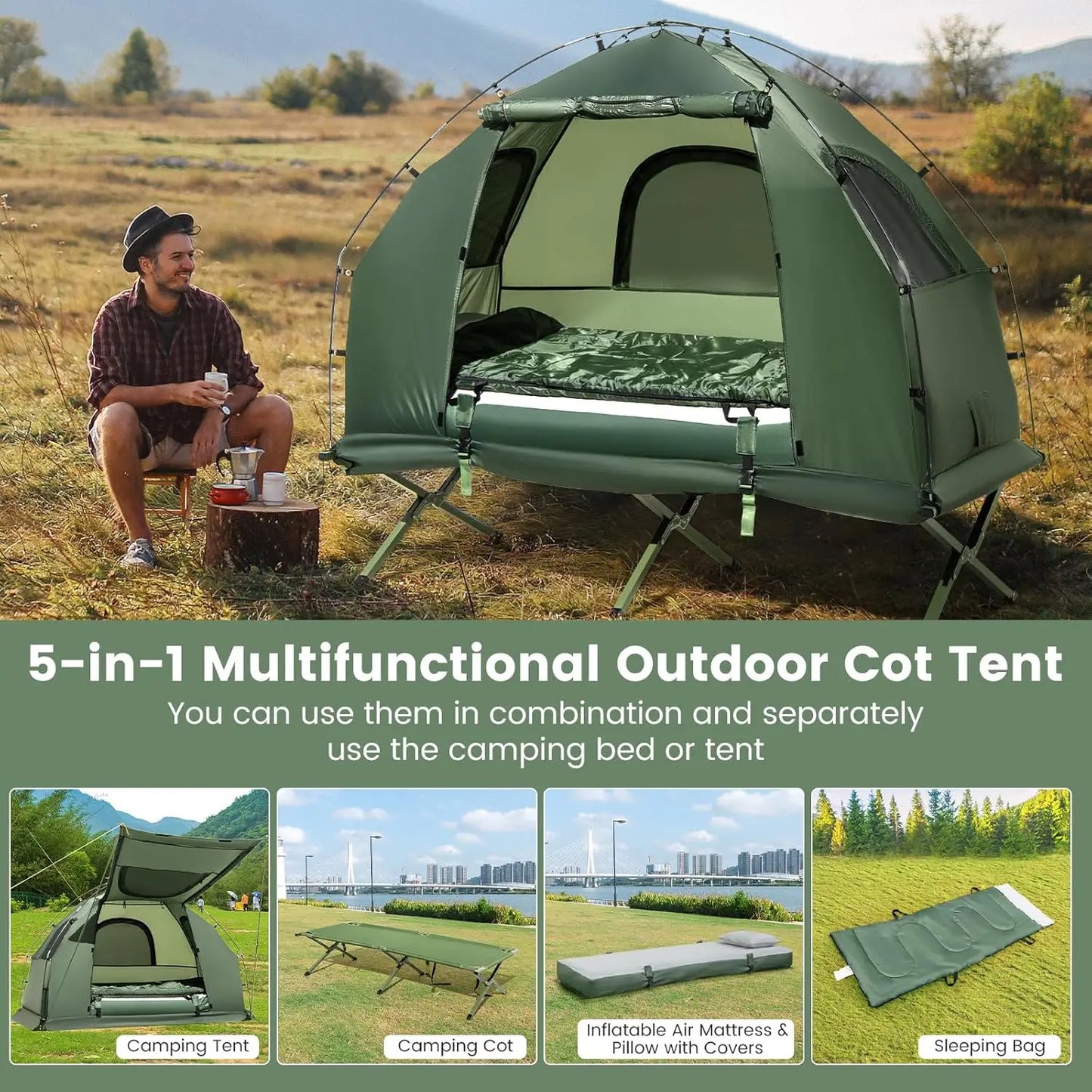 Camping Tent Cot, 5-in-1 Folding Camping Bed with Air Mattress, Pillow, Sleeping Bag, Waterproof