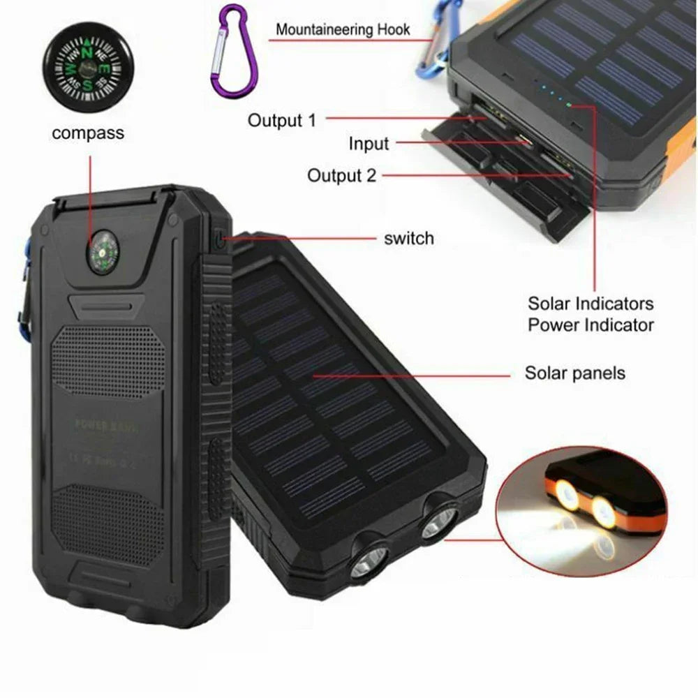 Solar 80000mAh Power Bank Outdoor Waterproof Spare Battery External Dual USB Powerbank