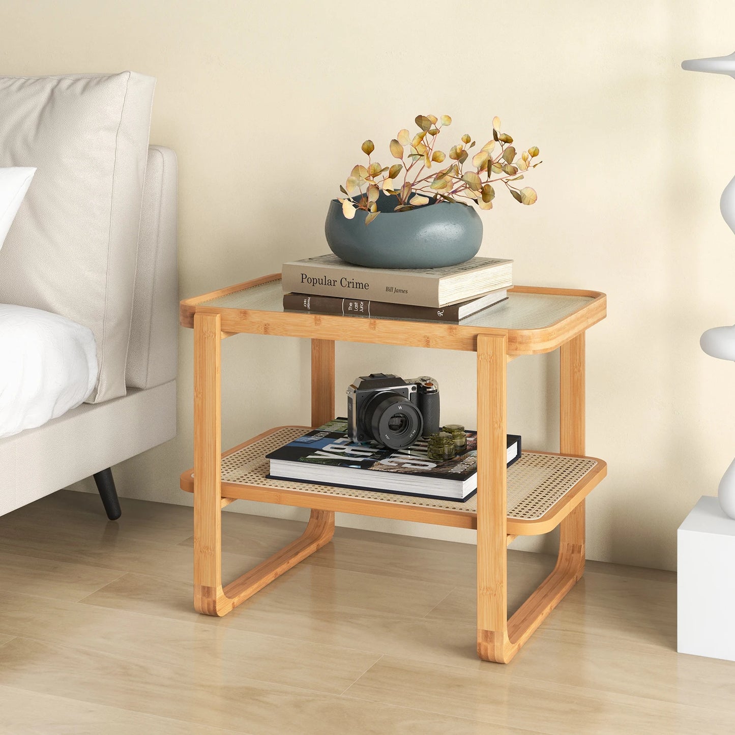 2 PCS Bamboo Side Table Rattan Shelf Glass Top Nightstand Small Sofa End Table